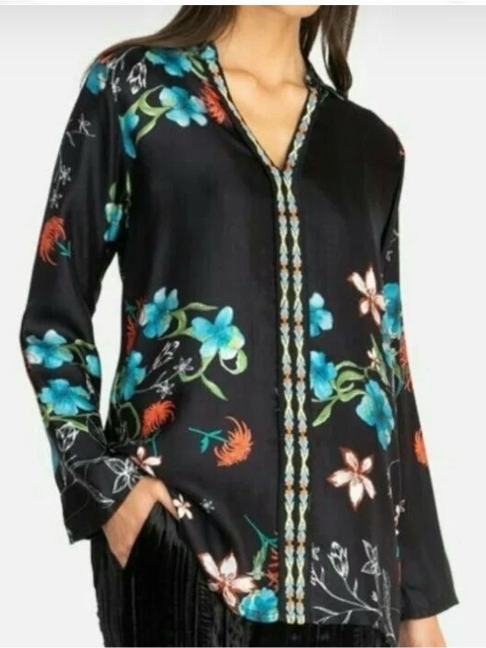 Johnny Was Becca 100% Silk Floral Boho Blouse Top XL NWT-Flawed